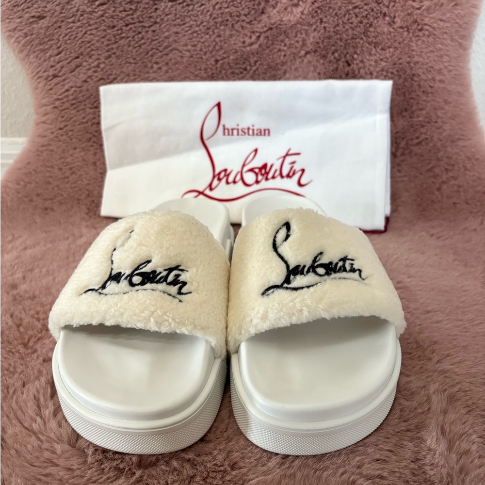Christian Louboutin Cream Shearling Logo Slides